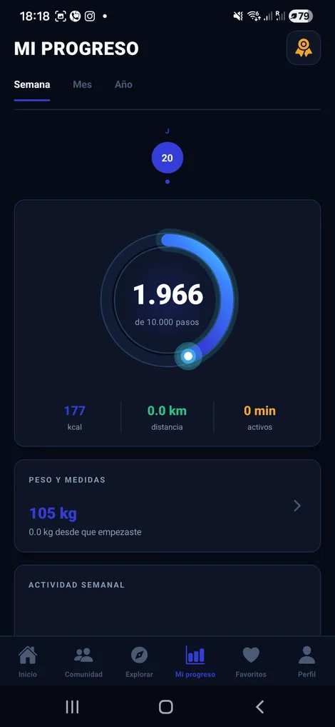 Estadísticas de progreso semanal en la app PCM Fitpro