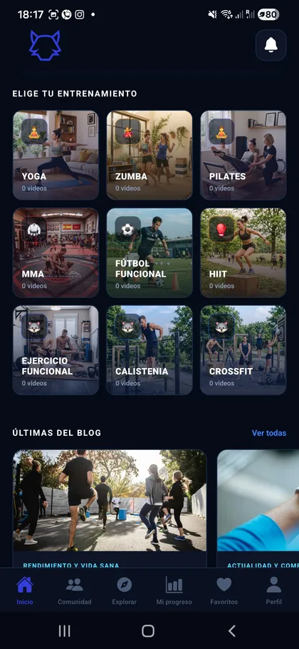 Biblioteca de rutinas en la app PCM Fitpro