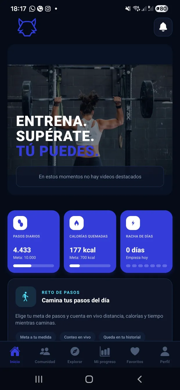 Pantalla de la app PCM Fitpro reproduciendo una rutina en video